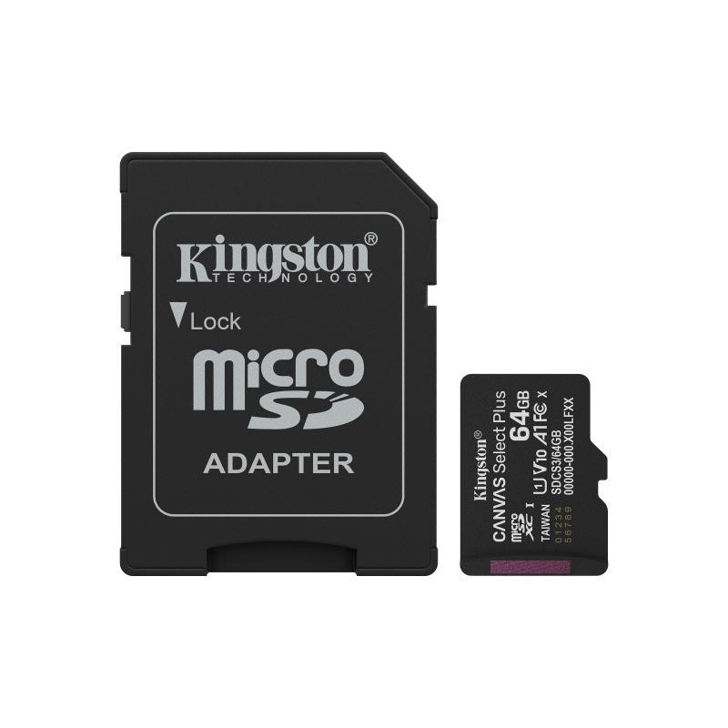 Kingston Technology 64GB microSDXC Canvas Select Plus Gen3 100MB/s A1 (Adaptateur SD inclus) 