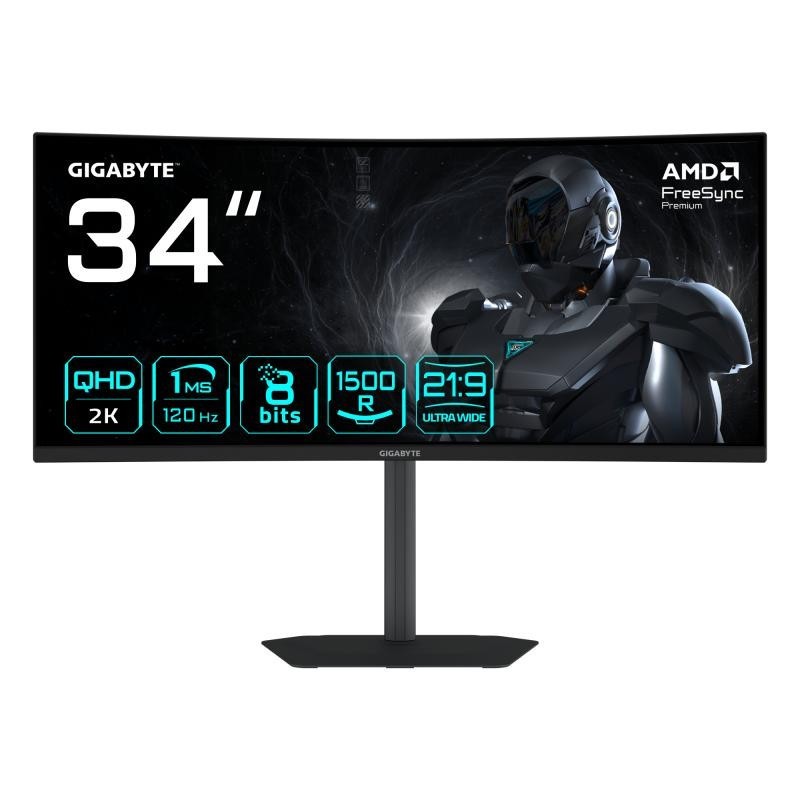 GIGABYTE GS34WQCA Écran Gaming Incurvé 34" WQHD ? 3440 x 1440, 1500R, 120Hz, 1ms, 300 cd/m², FreeSync Premium, HDR Ready 